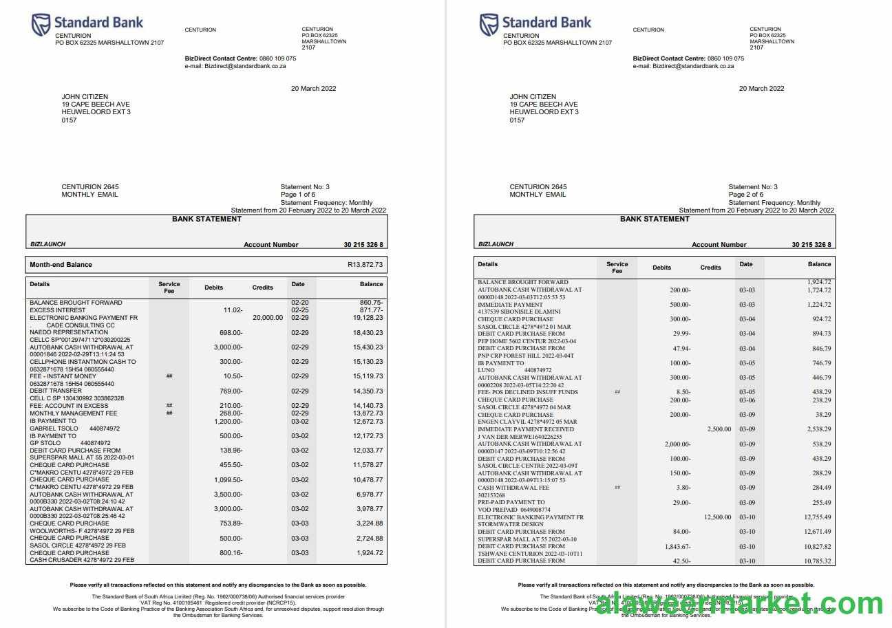 South Africa Standard bank statement 6 pages